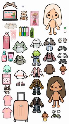 the paper doll is surrounded by various items for making it look like she's about to travel