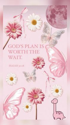 a pink poster with flowers and butterflies on it