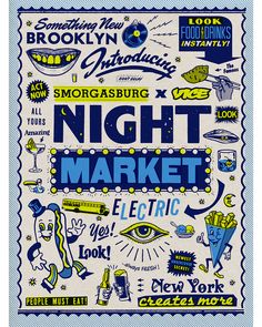 a blue and white poster with the words night market on it