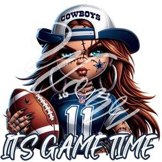 a cartoon character holding a football and wearing a cowboy's hat with the words it's game time