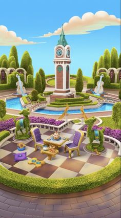 an animated view of a garden with a clock tower in the center and benches around it