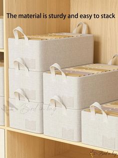 several storage bins stacked on top of each other with the words, the material is study and easy to stack