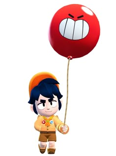 a cartoon character holding a red balloon with an angry face on it's side