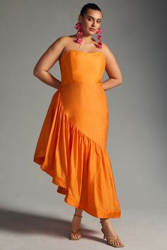 Rent Strapless Asymmetrical Dress from Nuuly. Pick 6 items for $98/month. Free shipping + returns. Cocktail Dress Code, Fresh Dress, Orange Fits, Plus Size Wedding, Orange Dress, Anthropologie Dress