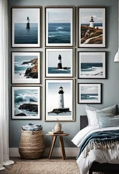 43 Relaxing Coastal Bedrooms for Breezy Retreats Surfing Theme Bedroom, Lighthouse Bedroom Ideas, Nautical Beach House, Sea Inspired Interior, Masculine Beach Bedroom, Masculine Beach House, Masculine Coastal Decor, Beach-inspired Decor, Lake Condo Decorating Ideas