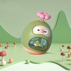 a green object with a pink flower on top of it and mushrooms in the background