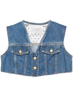 blue cotton blend denim contrast stitching V-neck two chest flap pockets sleeveless raw-cut hem cropped partial lining front button fastening Denim Gilet, Crop Denim Vest, Denim Vests, Blue Vests, Lorenzo Serafini, Cropped Vest, Iconic Women, Cropped Denim, Contrast Stitch