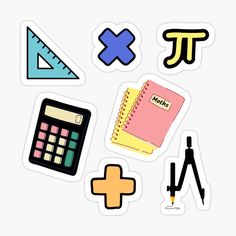 various school supplies stickers on a white background, including a calculator, pencil and ruler