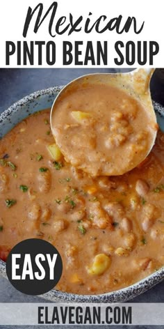 mexican pinto beans soup in a skillet with the title text overlay reads easy