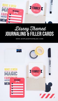 disney themed journal and filler cards on a white surface with text overlay that reads, disney themed journal and filler cards