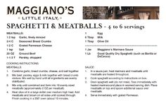 the menu for magnan's little italy spaghetti and meatballs - 4 to 6 servings