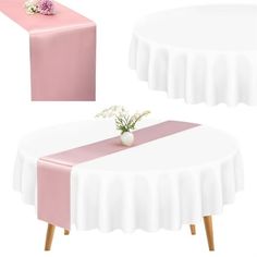 two tables with pink and white tablecloths on them, one has flowers in a vase