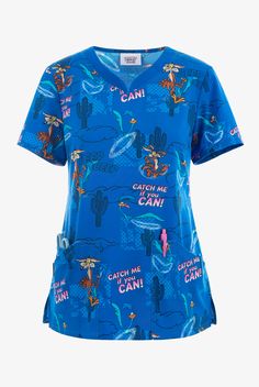 Tooniforms Catch Me Road Runner Women s 3-Pocket STRETCH V-Neck Print Scrub Top • Contemporary fit • V-neck with contrast banding • Total of 3 pockets • 2 front angled patch pockets • 1 right inner slip pocket • Pen slot on left pocket • Short sleeve • Bust darts • Side vents • Back darts • Features Looney Tunes Wiley Coyote and Roadrunner on a desert landscaped royal background • Approximate length for size M is 27 1 2 • Manufacturer style TF671-LTCM Made with a sustainable poly-spandex blend, Royal Background, Road Runner, Work Wear Women, Scrub Pants