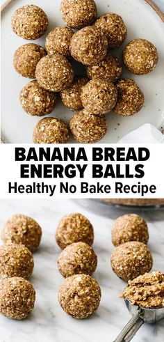 banana bread energy balls are ready to be eaten and served on a plate with a spoon