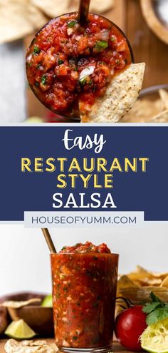 easy restaurant style salsa with tortilla chips on the side