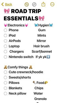 the road trip essentials checklist is shown in this screenshote screen shot