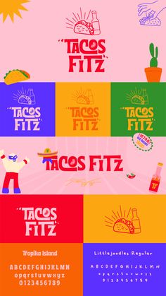 a poster with different types of food and drinks on it's sides, including the words tacos fitz