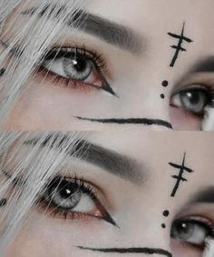 Two Color Eyeliner Looks, Cross Makeup Look, Goth Elf Makeup, Dark Elf Makeup Looks, Druid Makeup, Dark Elf Makeup, Goth Eye Makeup, Graphic Makeup, Halloween Makeup Inspiration