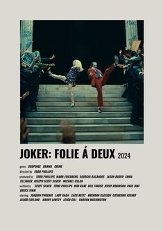 the poster for joker folle deux is shown in front of some stairs