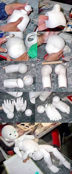 there are many different pictures of white objects being made on the table, including hands and feet