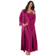 Amoureuse Women's Plus Size The Luxe Satin Long Peignoir Set Pajamas. Feel luxurious in this beautiful satin nightgown and dressing robe set, perfect for a touch of romance and comfort. Slip features adjustable skinny straps and elegant lace trim for a feminine touch. Enjoy the full-sweep design of the nightgown, offering ultimate comfort and ease of movement. Coordinating robe with long sleeves enhances the set with lace trim on the neck and cuffs for a refined look. Keep everything secured wit Satin Nightgown, Peignoir Sets, Occasion Dresses Wedding, Perfect Swimsuit, Swimsuits For All, Nightgowns, Cocktail Dress Party, Pajamas Women, Pomegranate