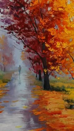 a painting of a person walking down a rain soaked road with trees in the background