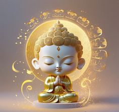 a buddha statue sitting on top of a table next to a full moon with gold swirls around it