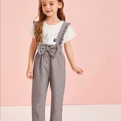 Brand New. Never Worn. Super Cute Toddler Jumper. Soft Grey. Ruffles And Bow. Pants Gift, Baby Jumpsuit, Girls Stripes, Cute Rompers, Mode Online, Girls Bows, Girls Rompers, Toddler Girl Outfits