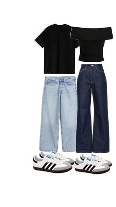 two pairs of jeans and a t - shirt are shown in three different colors, including black