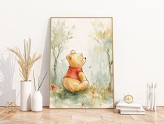 a watercolor painting of a teddy bear sitting in the woods