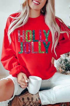 This festive Red Glittering HOLLY JOLLY Graphic Christmas Pullover Sweatshirt will add some sparkle to your holiday attire. With a comfortable fit and eye-catching design, this sweatshirt is perfect for celebrating the season. Spread some holiday cheer with this must-have holiday piece. Size Chart (CM) Sizes Bust Hem_Width Shoulder Sleeve_Length Length Relax Relax Relax Relax Relax S 103 97 55.5 51.5 64.5 M 108 102 58 52 66.5 L 113 107 60.5 52.5 68.5 XL 121 115 64.5 53 70.5 2XL 129 123 68.5 53.5 Graphic Christmas, Christmas Pullover, Holiday Attire, Party Scene, Jolly Christmas, Sweatshirts Pattern, Sweater Tank Top, Holly Jolly, Pullover Sweatshirts