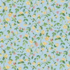 a blue background with yellow and pink flowers on the bottom half of it, and green leaves in the middle