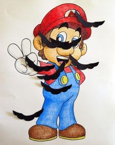 a drawing of mario with mustaches on it's face and eyes, standing in front of a white background