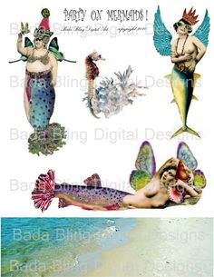 three different images of mermaids and sea creatures on the beach, one with wings