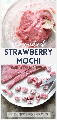 the ingredients for strawberry mochi are shown in this collage with text overlay