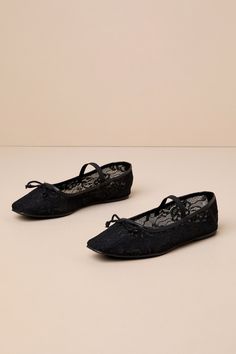 The Lulus Veera Black Lace Bow Ballet Flats are necessary for making a variety of chic looks all season long! Sheer floral lace shapes these must-have flats that feature a squared-toe upper with a low-cut collar and a dainty bow detail. An elasticized vamp strap secures the slip-on design for all-day wear. Available in whole sizes only. 0. 25" rubber heel. Lightly cushioned insole. Felted rubber sole has nonskid markings. Man made materials. Imported. Lulus | Veera Black Lace Bow Ballet Flats | Elegant Lace-up Ballet Flats, Black Ballet Flats With Bow And Flat Heel, Black Ballet Flats With Bow, Black Lace Flats, Black Slip-on Ballet Flats With Bow, Lace Ballet Flats, Black Ballet Flats For Evening, Medium Width, Casual Formal Dresses, Lace Flats