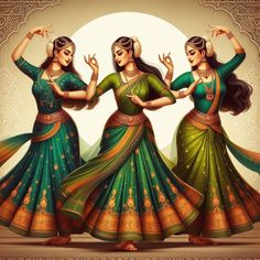 three women dressed in green and gold dancing with their hands up to the side,