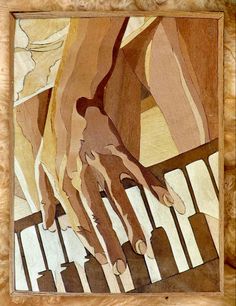 an abstract painting of hands reaching down on a piano