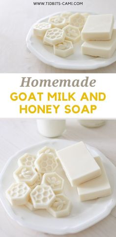 homemade goat milk and honey soap on a white plate with the words homemade goat milk and honey soap