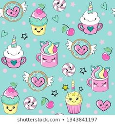 an image of cute cupcakes and unicorns on blue background with hearts, stars