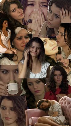 the collage shows many different women with their hands on their face and one holding a coffee cup