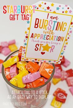 i am bursting with appreciation sticker in a cup filled with candy candies