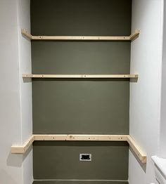 a toilet and some shelves in a room with no one on the floor or walls