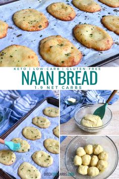 the process for making homemade naan bread is shown in three different pictures and then on a baking sheet