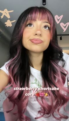 Pink Hair Streaks On Brown Hair, Colored Hair Money Piece, Pretty Hair Highlights, Bangs With Under Color, Color Blocking Hair Brown, Top Layer Hair Dye, Brunette With Pink Money Piece, Pink And Blonde And Brown Hair, Pink N Brown Hair