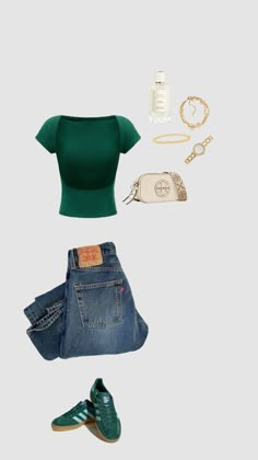 Green And Dark Blue Outfit, Fits With Campus 00, Green School Outfits, Cute Basic School Outfits, Outfits With Green Shirt, Shuffles Outfits Summer, Green Top Outfit Aesthetic, School Event Outfit, Outfit Inspo Summer Casual