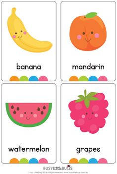 four different fruits and vegetables are shown in this printable flash card for the classroom