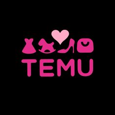 the word temu is written in pink on a black background with two cats and a heart