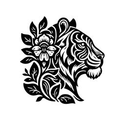 a black and white drawing of a lion's head with flowers on it, against a white background