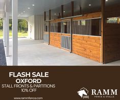 an advertisement for a horse stable with the words flash sale oxford stall fronts and partitions 10 % off